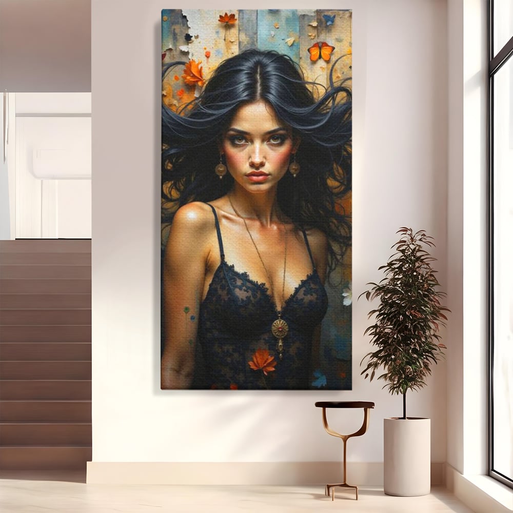 Tablou canvas cu tablou canvas cu portret de femeie par negru fluturi si frunze, fara rama, pe sasiu de lemn